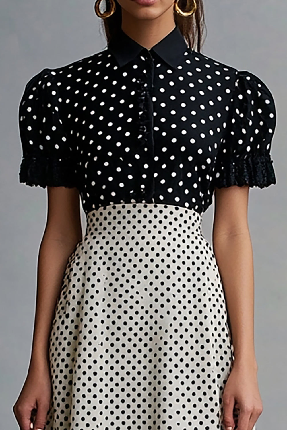 Chiffon Black and White Short Sleeves A Line Midi Polka Dot Dress with Ruffles