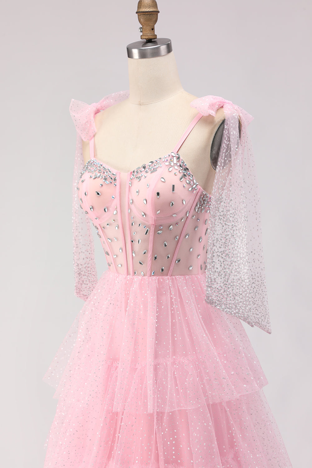 Sparkly Apricot Polka Dots Tiered Beaded Long Corset Prom Dress with Bows