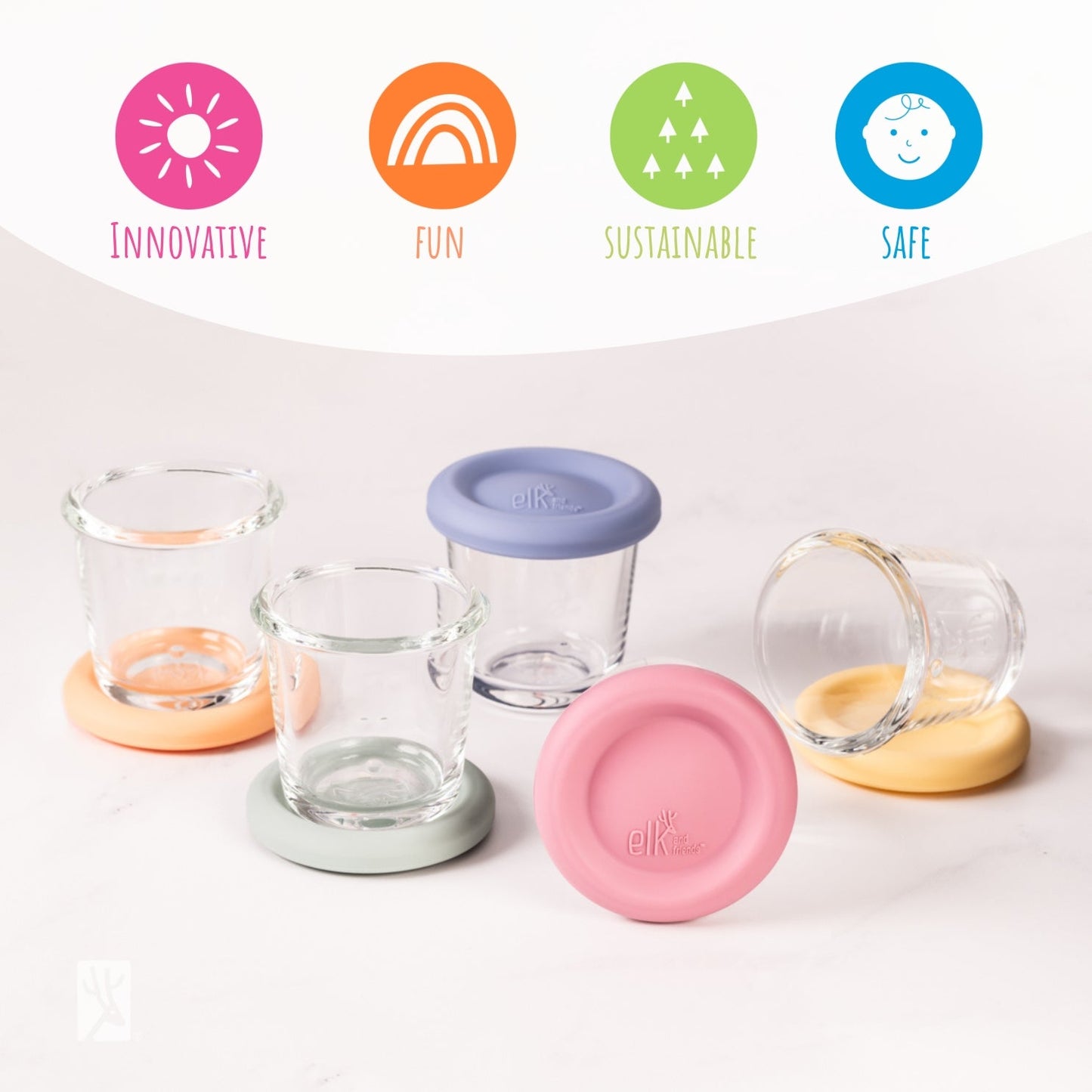 4oz Glass Baby Food Storage Jars | Food Grade Silicone Lids | Set of 12 | Bright Colors
