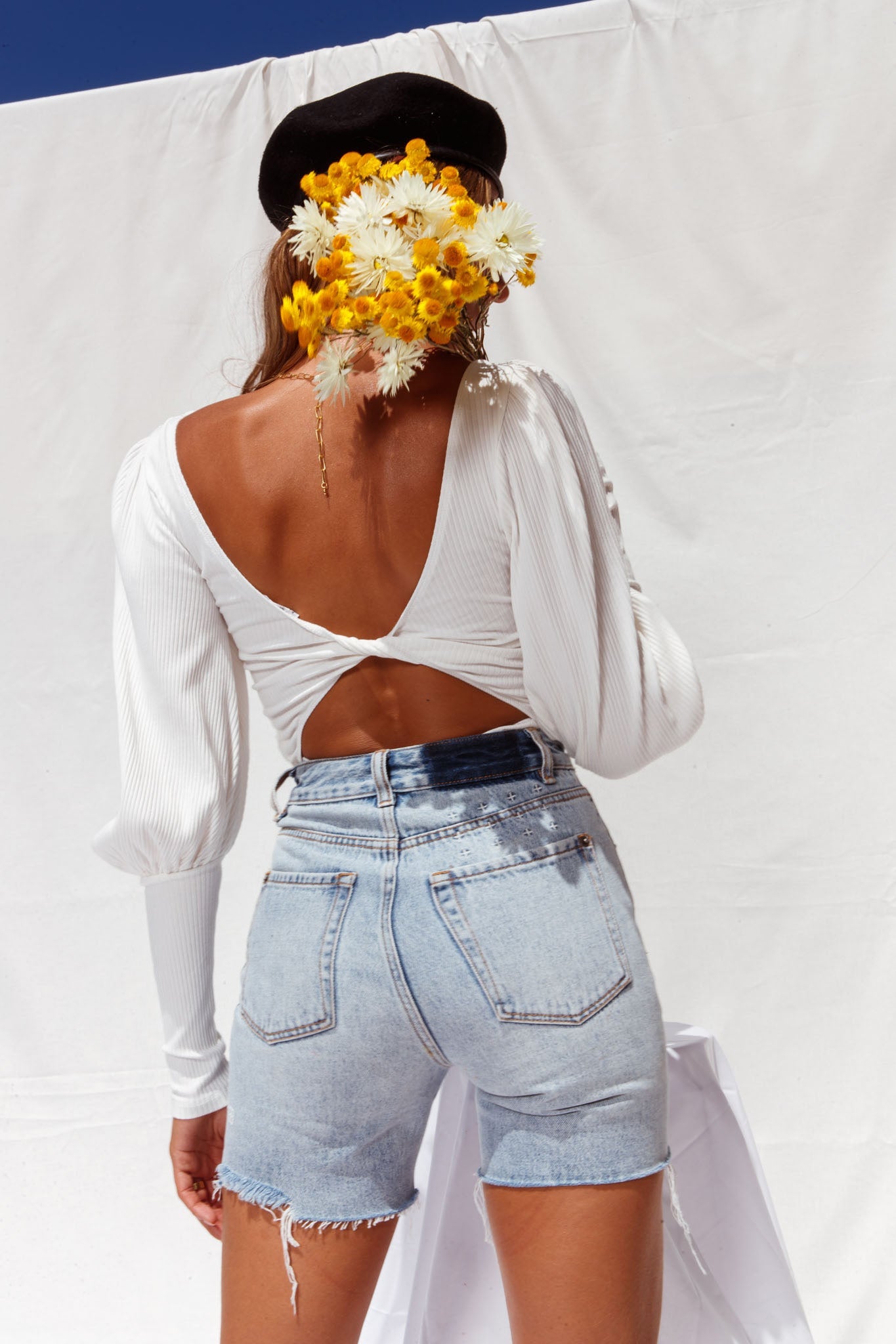 Moneymaker Lantern Sleeve Open Back Bodysuit White