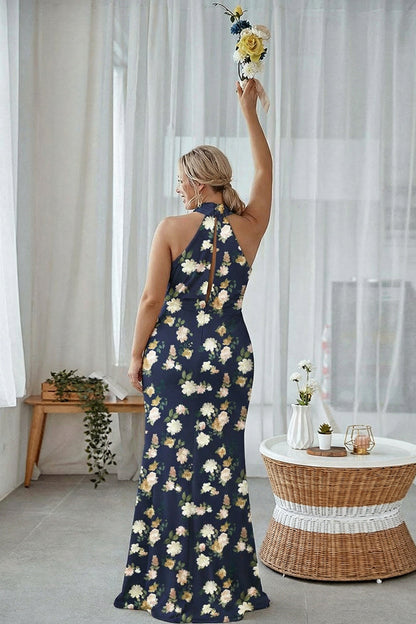 Floral Navy Bloom Plus Size Sheath Halter Long Bridesmaid Dress