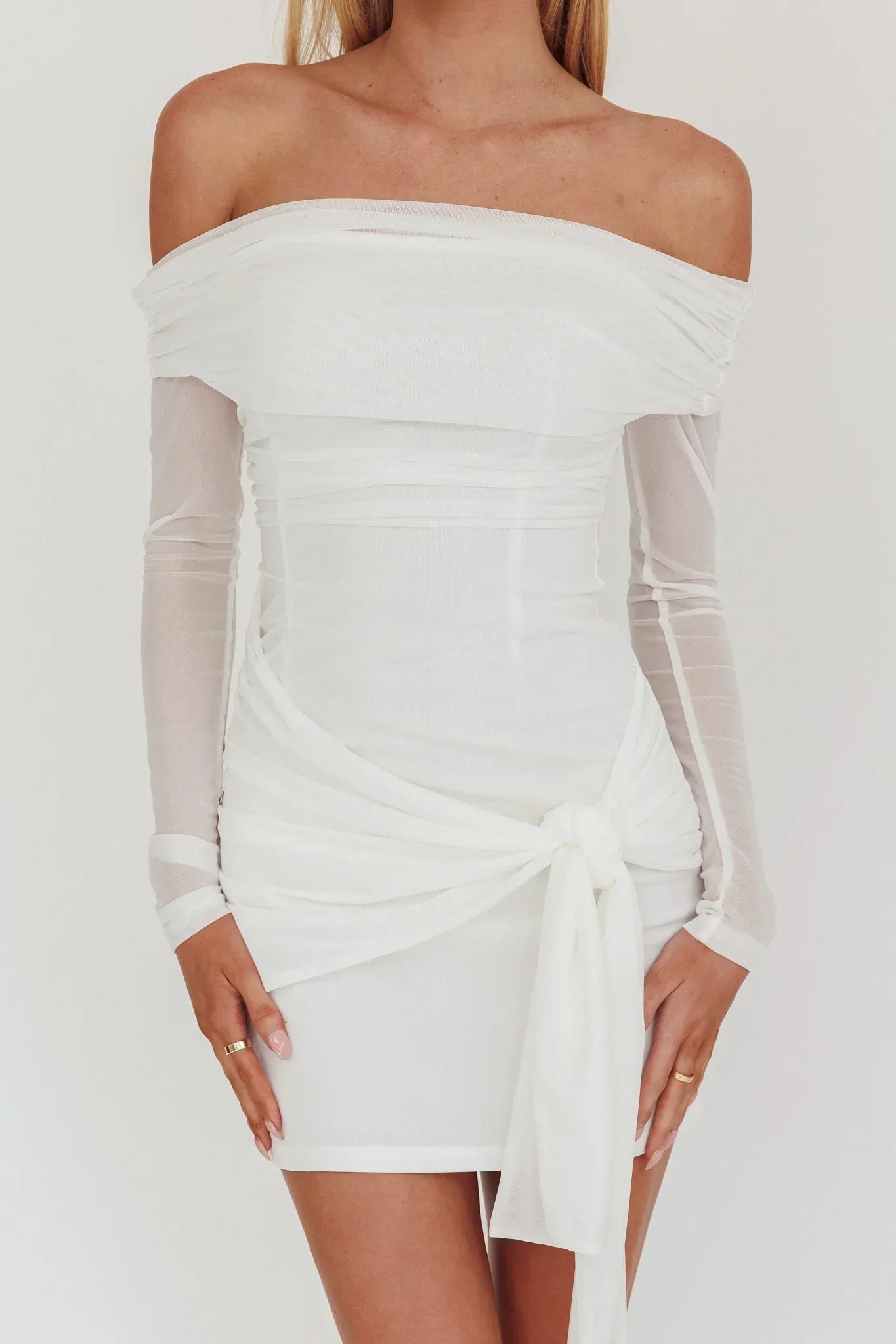 Dangerous Off Shoulder Waist Tie Mini Dress White