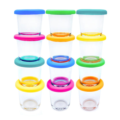 4oz Glass Baby Food Storage Jars | Food Grade Silicone Lids | Set of 12 | Bright Colors