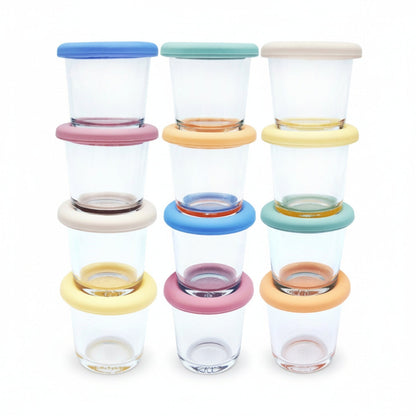 4oz Glass Baby Food Storage Jars | Food Grade Silicone Lids | Set of 12 | Neutral Colors