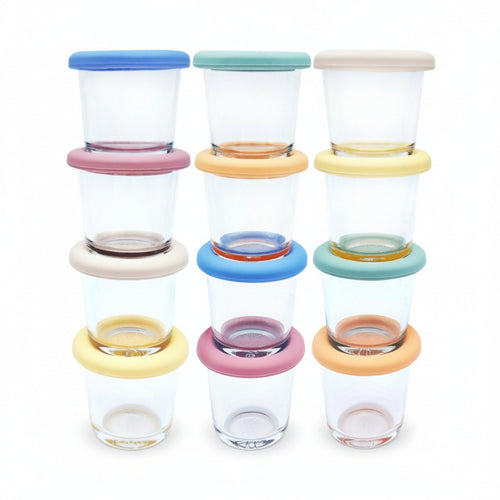 4oz Glass Baby Food Storage Jars | Food Grade Silicone Lids | Set of 12 | Neutral Colors