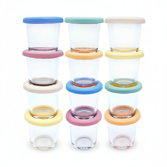 4oz Glass Baby Food Storage Jars | Food Grade Silicone Lids | Set of 12 | Neutral Colors