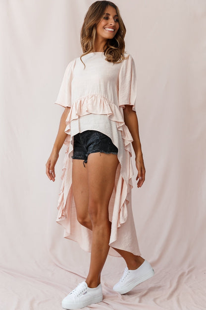 Kara High-Low Ruffle Trim Top Beige