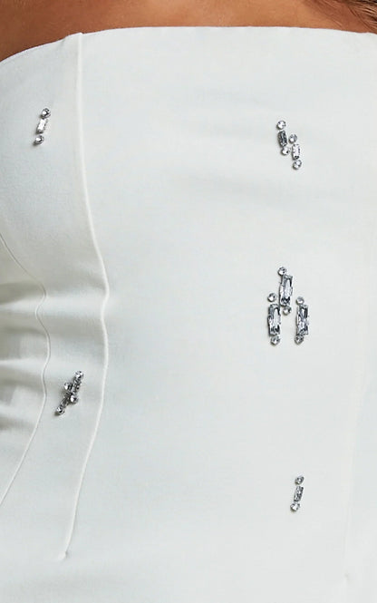 Anziel Mini Dress - Strapless Structured Cluster Embellishment Dress in White