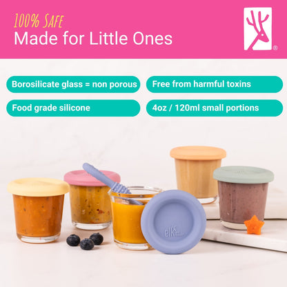 4oz Glass Baby Food Storage Jars | Food Grade Silicone Lids | Set of 6 | Neutral Colors