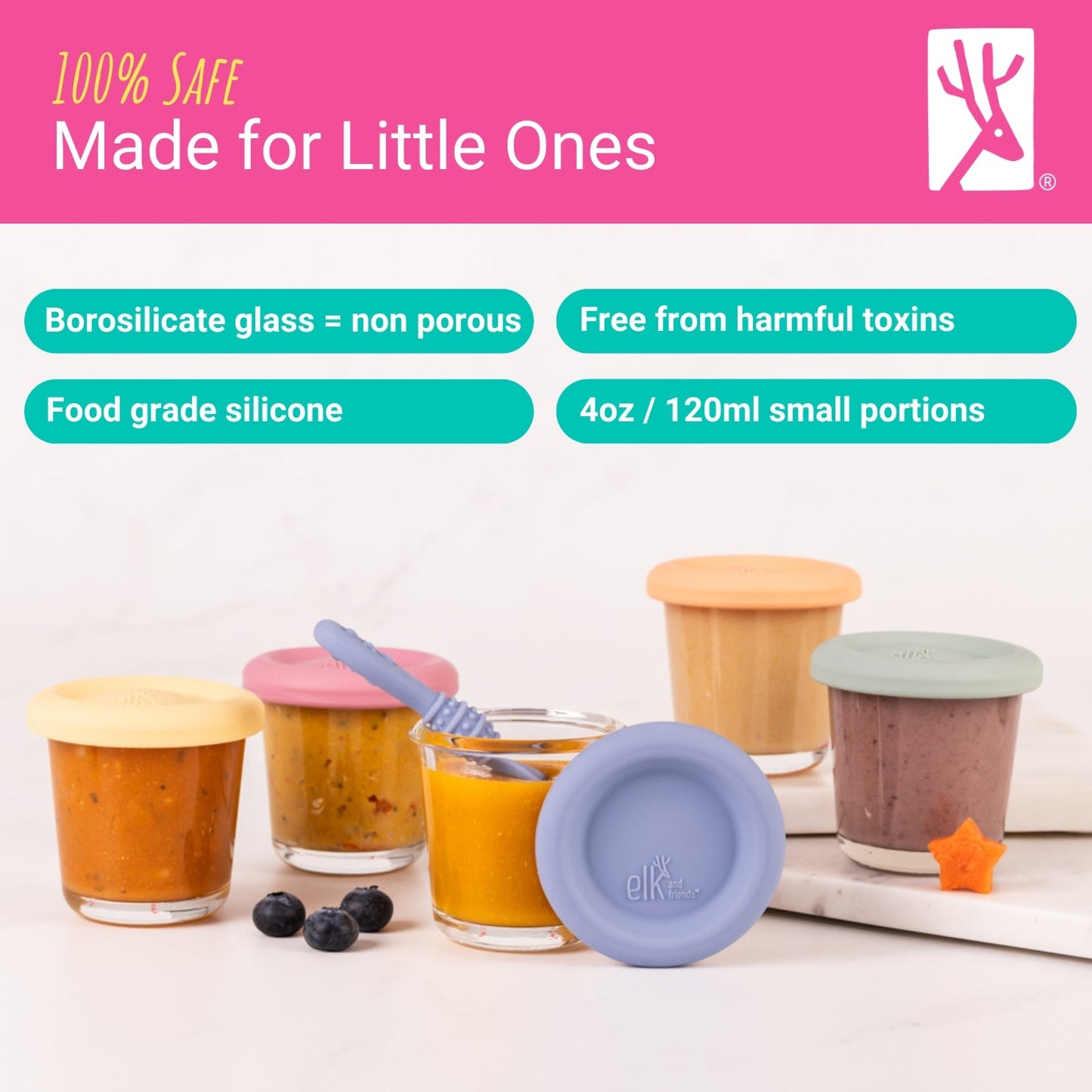 4oz Glass Baby Food Storage Jars | Food Grade Silicone Lids | Set of 12 | Bright Colors