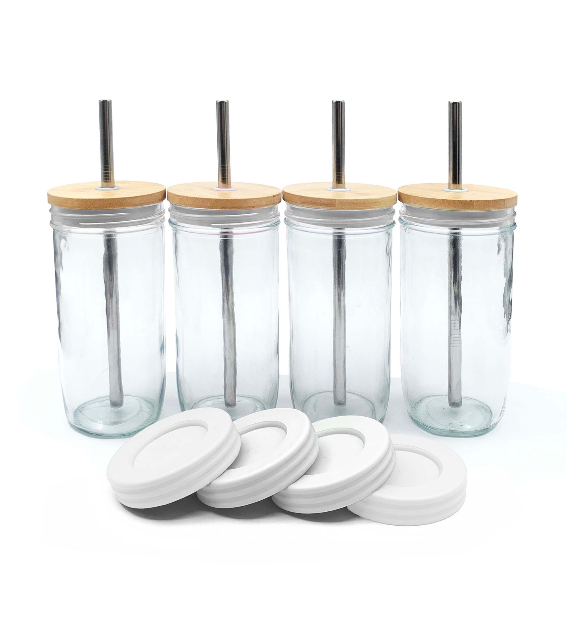 24oz Glass Mason Jar Drinking Tumblers + Food Storage (No Sleeves - White Lids)