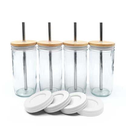 24oz Glass Mason Jar Drinking Tumblers + Food Storage (No Sleeves - White Lids)