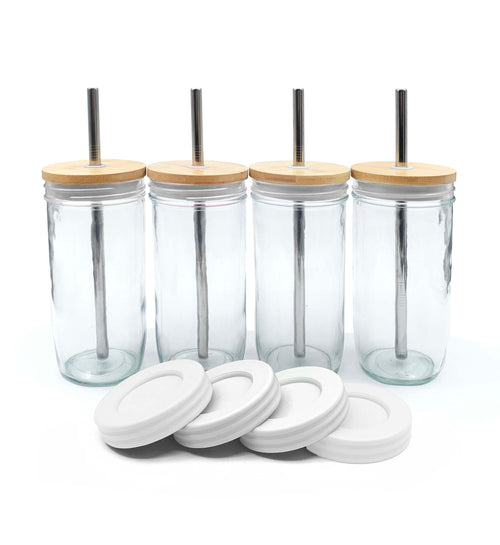 24oz Glass Mason Jar Drinking Tumblers + Food Storage (No Sleeves - White Lids)