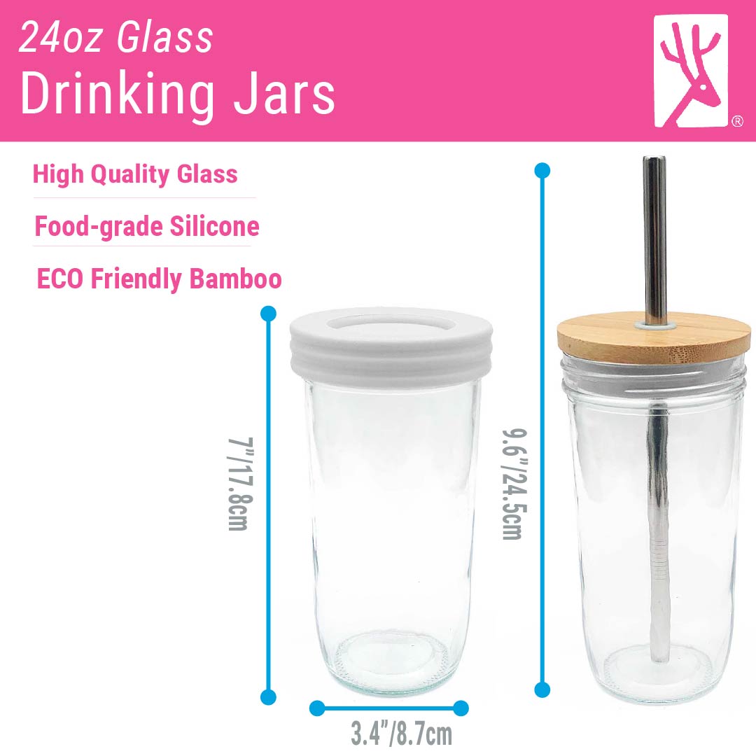 24oz Glass Mason Jar Drinking Tumblers + Food Storage (No Sleeves - White Lids)