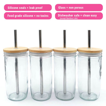 24oz Glass Mason Jar Drinking Tumblers + Food Storage (No Sleeves - White Lids)
