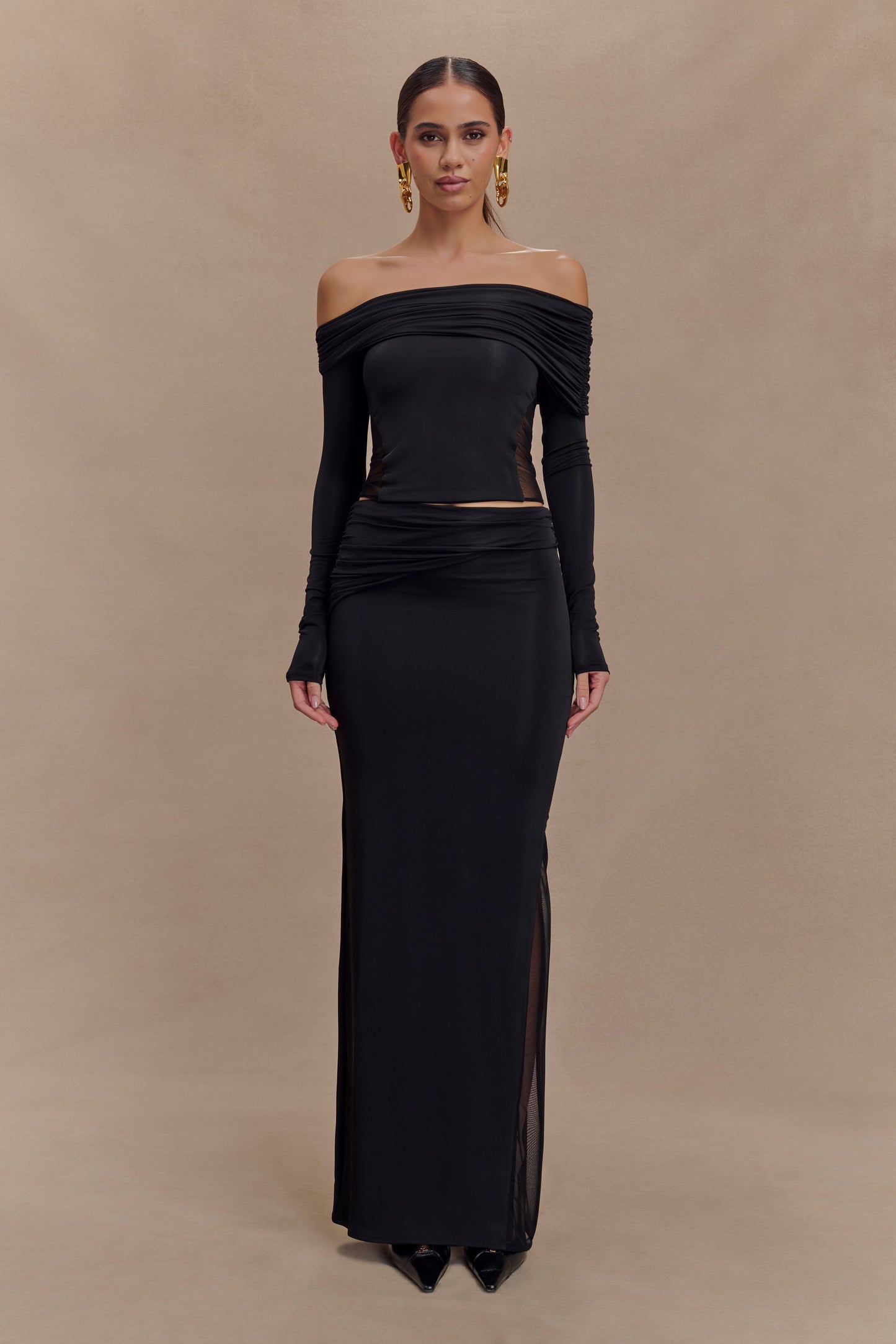 Judy Slinky And Mesh Off Shoulder Top - Black