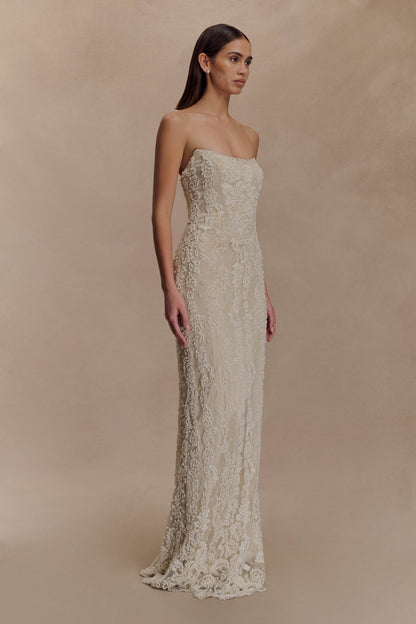 Eva Hand Beaded Pearl & Lace Maxi Dress - White