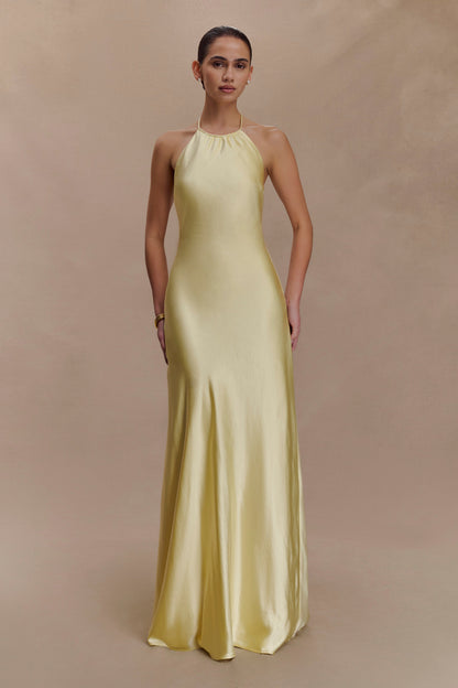 Bella Satin Halter Maxi Dress - Lemon