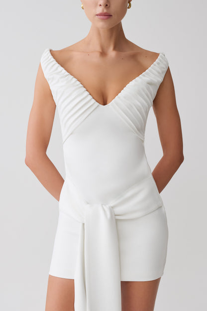 Runa Off Shoulder Mini Dress With Waist Tie - White