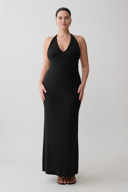 Hana Slinky Plunge Maxi Dress - Black