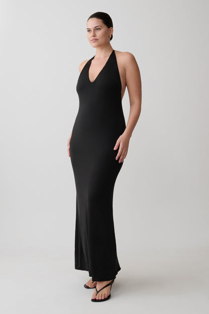 Hana Slinky Plunge Maxi Dress - Black
