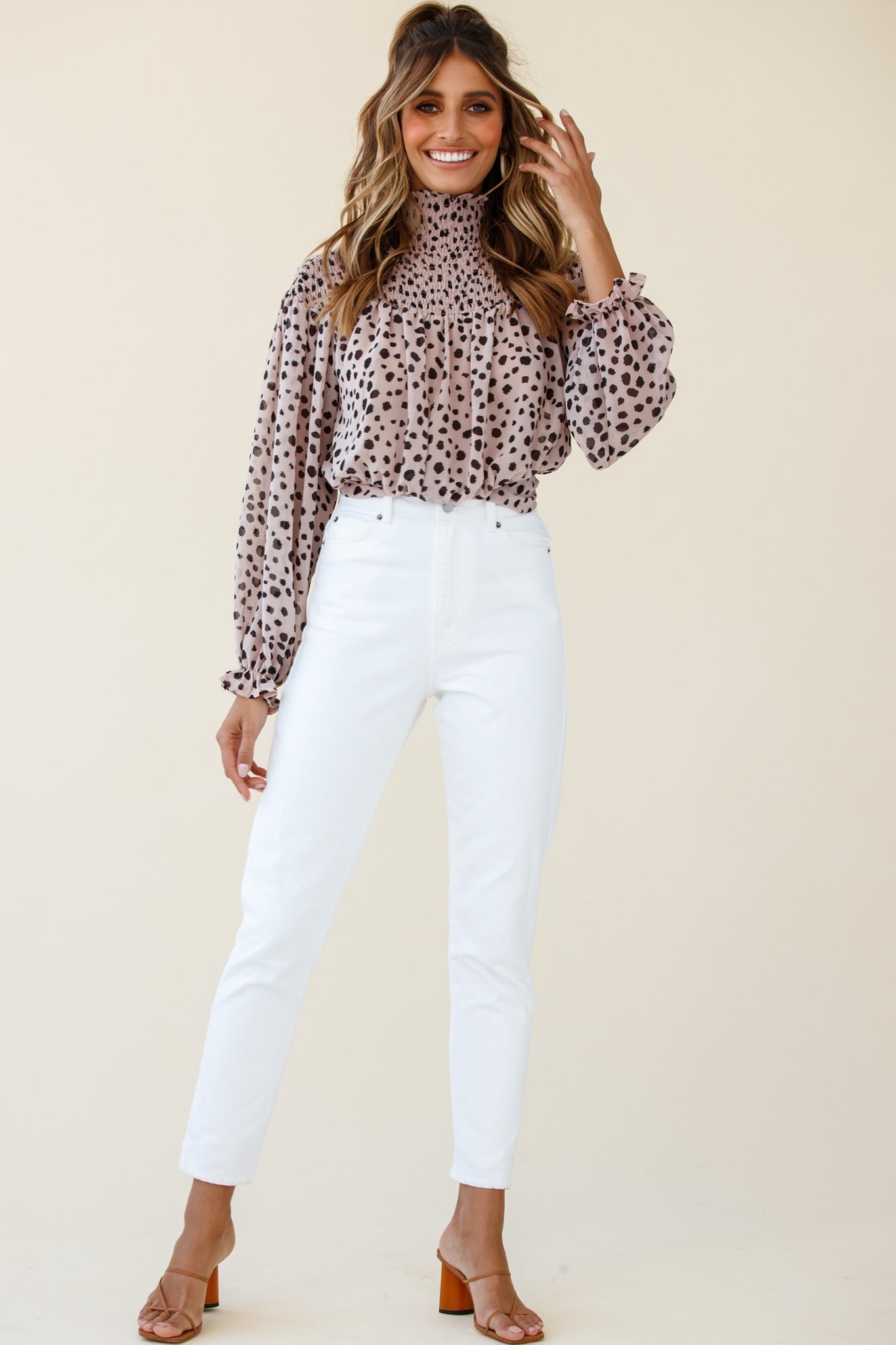 Sparrow High Neck Shirred Blouse Spot Print Dusty Pink