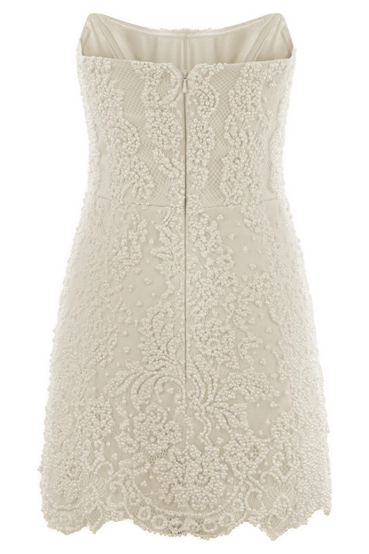 Eva Hand Beaded Pearl & Lace Mini Dress - White