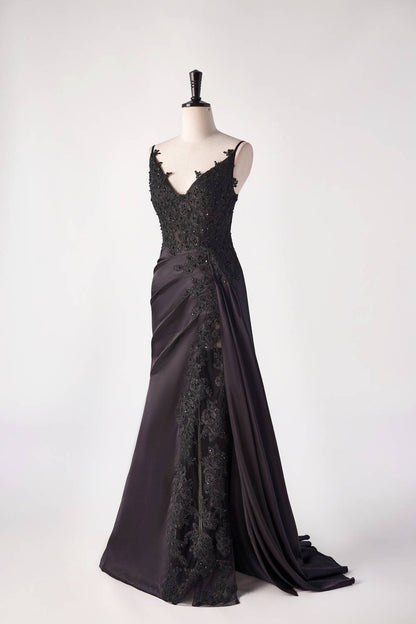 Black Satin Appliques Mermaid Long Dress with Slit