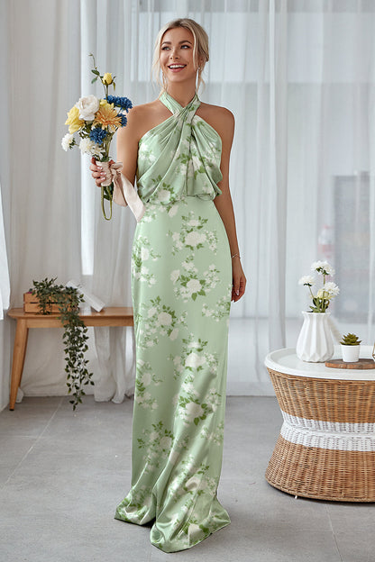 Floral Navy Bloom Plus Size Sheath Halter Long Bridesmaid Dress