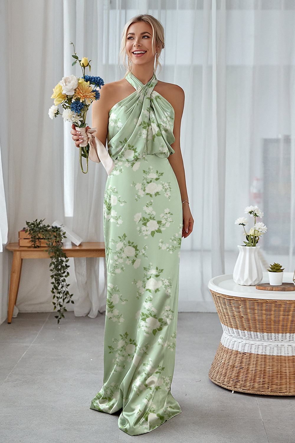 Blue White Floral Plus Size Sheath Halter Long Bridesmaid Dress