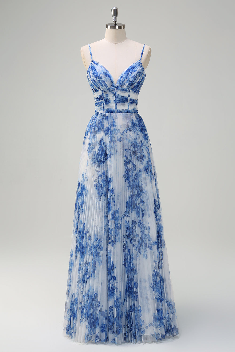 Plus Size White Blue Flower Spaghetti Straps Pleated Long Bridesmaid Dress
