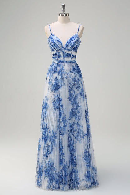 Plus Size White Blue Flower Spaghetti Straps Pleated Long Bridesmaid Dress