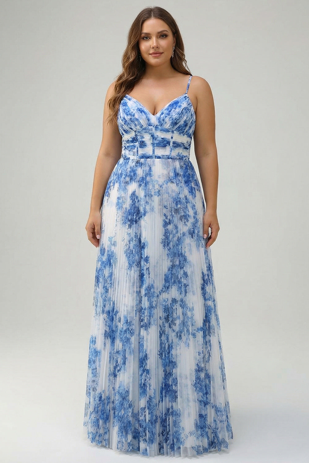 Plus Size White Blue Flower Spaghetti Straps Pleated Long Bridesmaid Dress