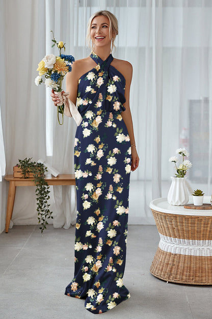Floral Sage White Sheath Plus Size Halter Long Bridesmaid Dress