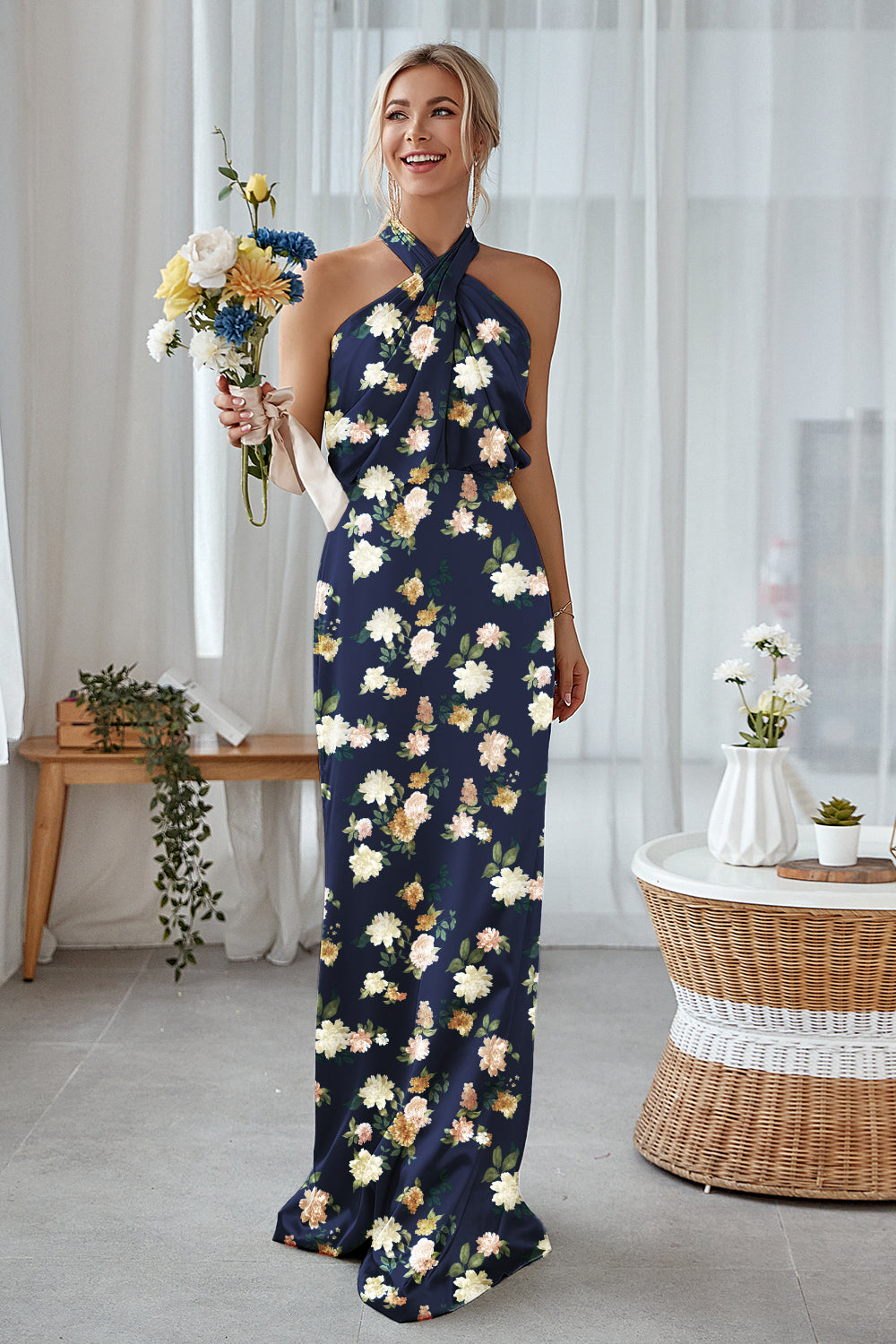 Blue White Floral Plus Size Sheath Halter Long Bridesmaid Dress