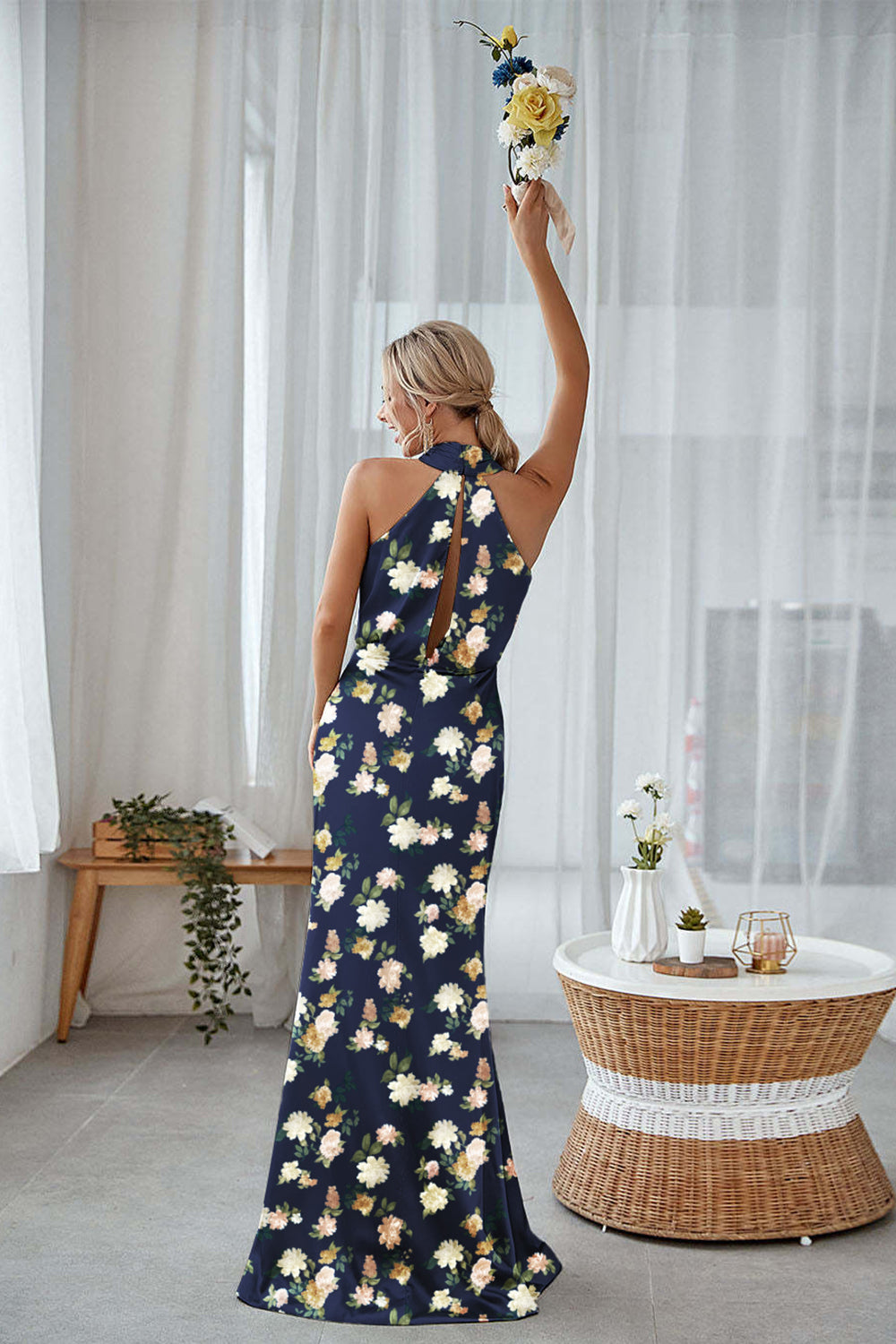 Blue White Floral Plus Size Sheath Halter Long Bridesmaid Dress
