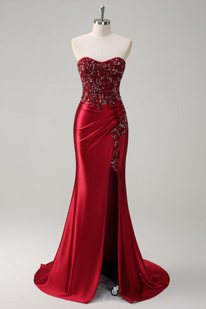 Plus Size Sparkly Burgundy Floral Mermaid Long Corset Prom Dress with Slit