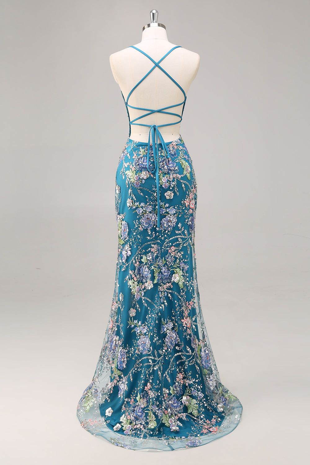 Plus Size Floral Sparkly Blue Beaded Mermaid Long Prom Dress with Sequins