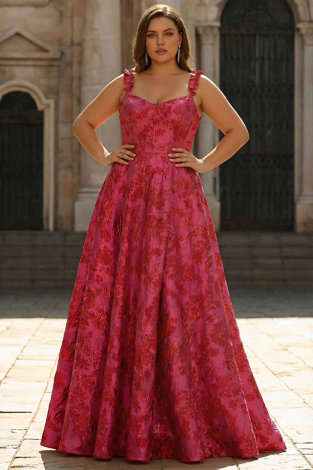 Plus Size Floral Fuchsia Spaghetti Straps A Line Long Prom Dress with Slit