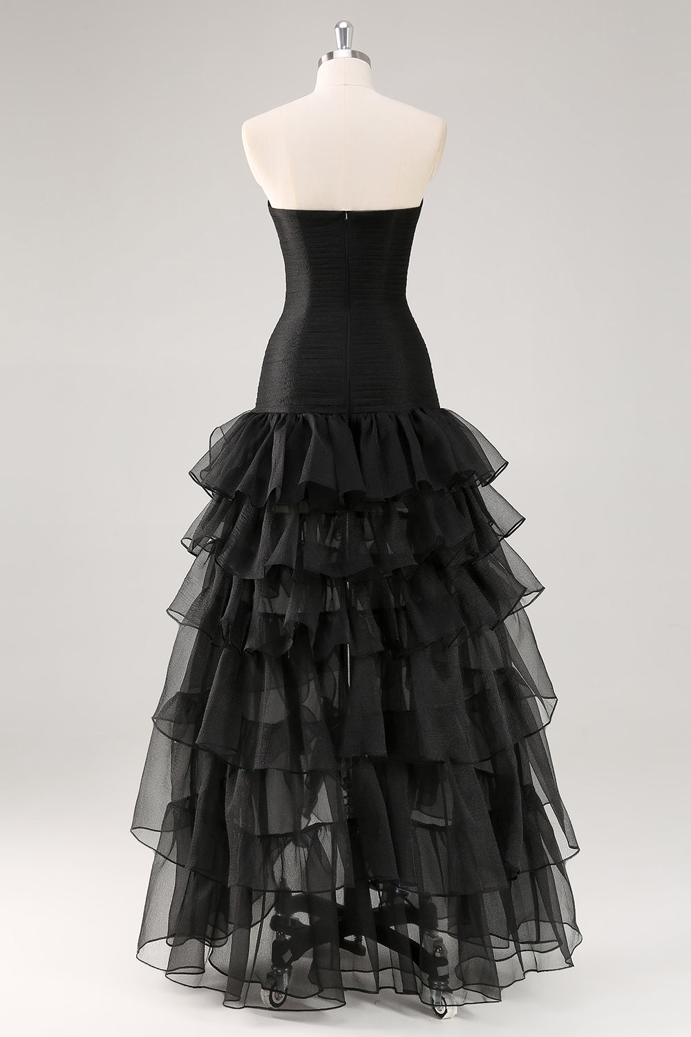Plus Size A Line Black Strapless Tiered Formal Dress with Slit