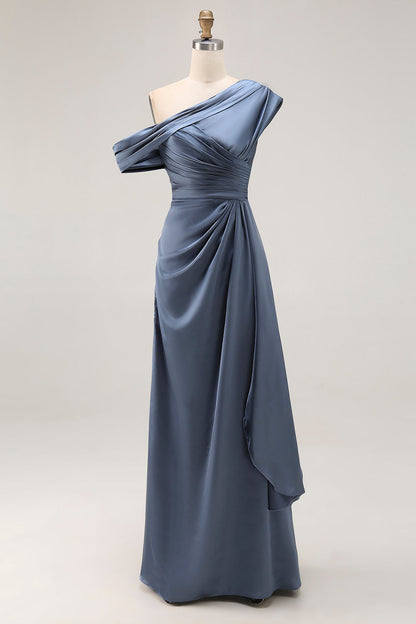 Plus Size Grey Blue Mermaid Ruched One Shoulder Satin Formal Dress with Ruffles