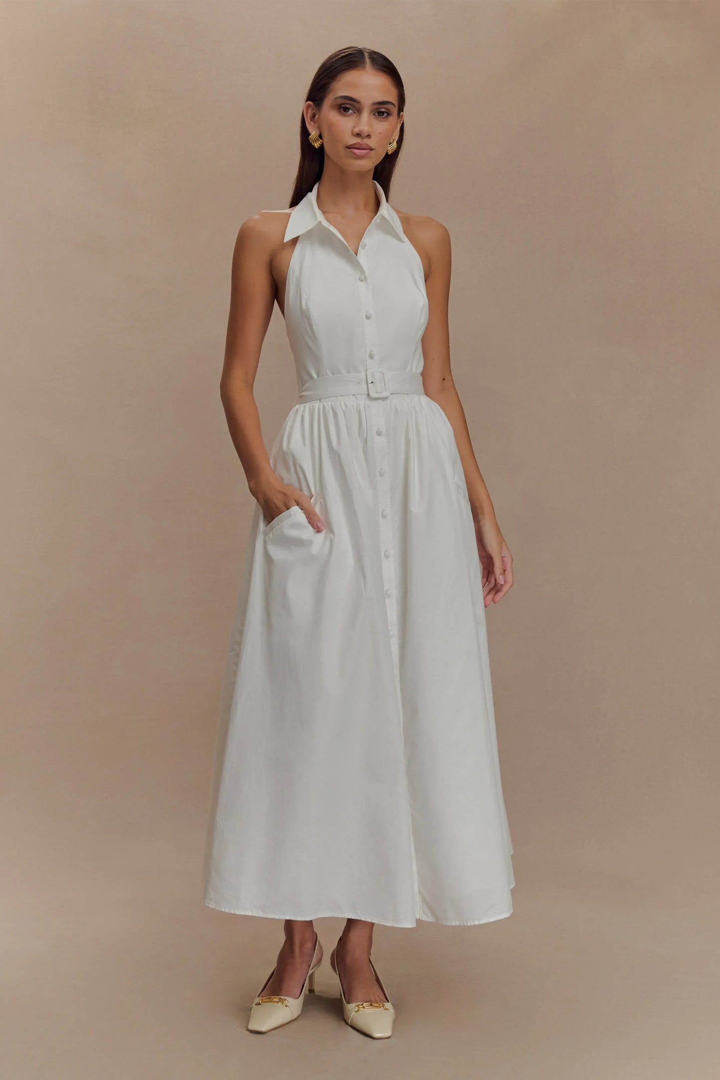Cindy Collared Midi Dress - White
