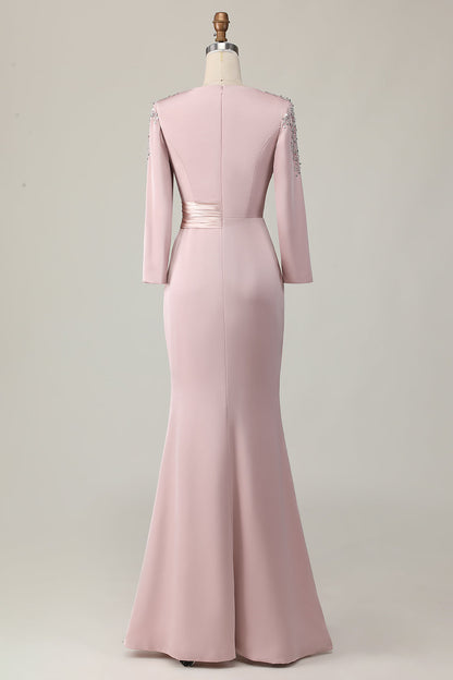 Plus Size Blush Sheath Lace Long Mother Of The Bride Dress with Sleeves