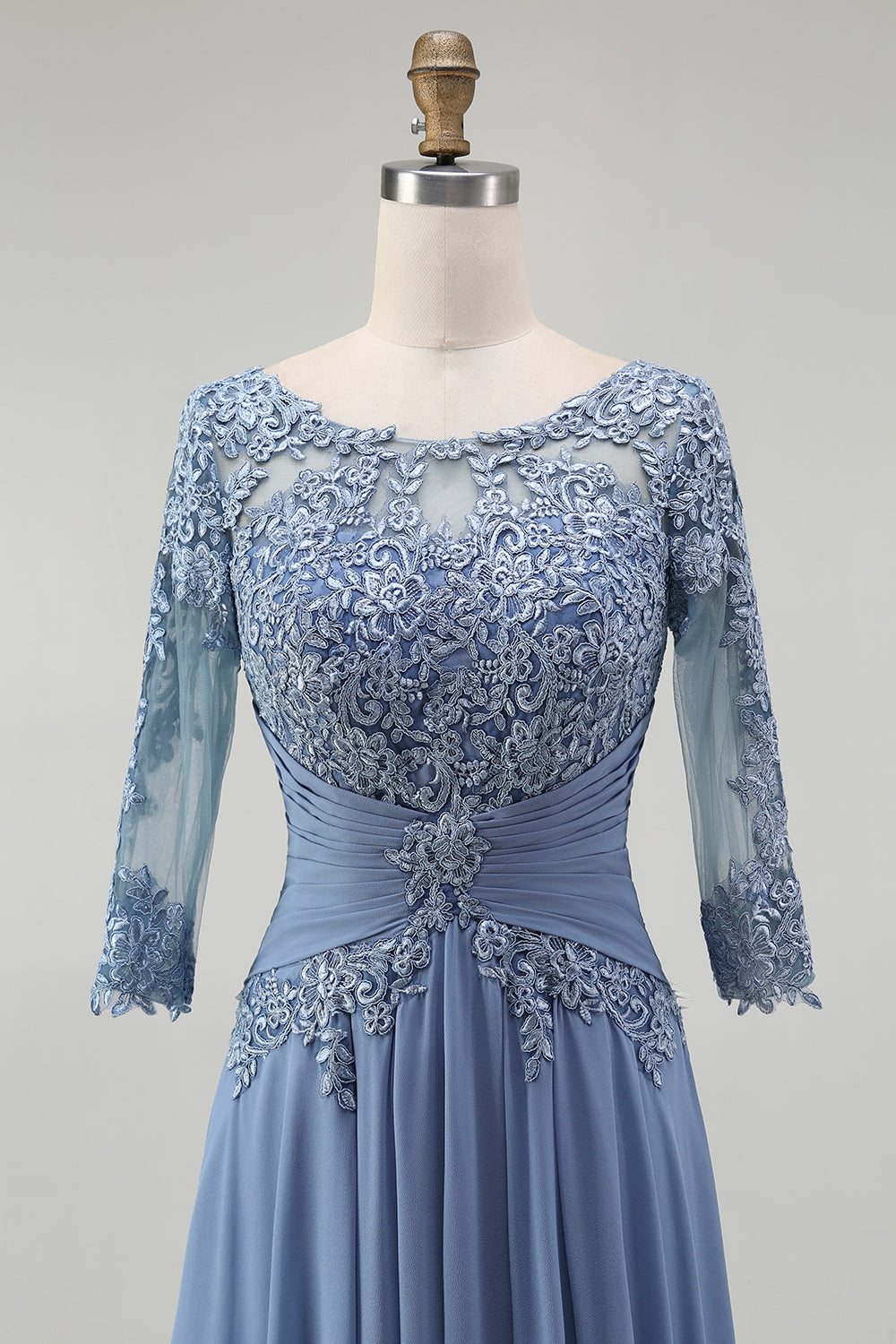 Dusty Blue Illusion Neck Plus Size Long Mother of the Bride Dress