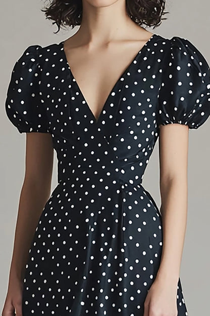 Puff Sleeves V-Neck Black and White Satin Boho Maxi Polka Dot Dress