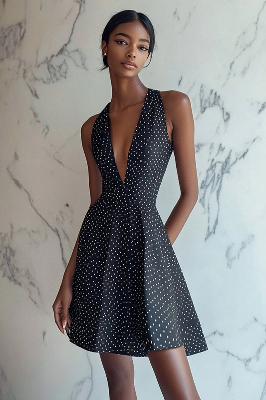 Black and White Deep V-Neck Satin Short A Line Polka Dot Dress