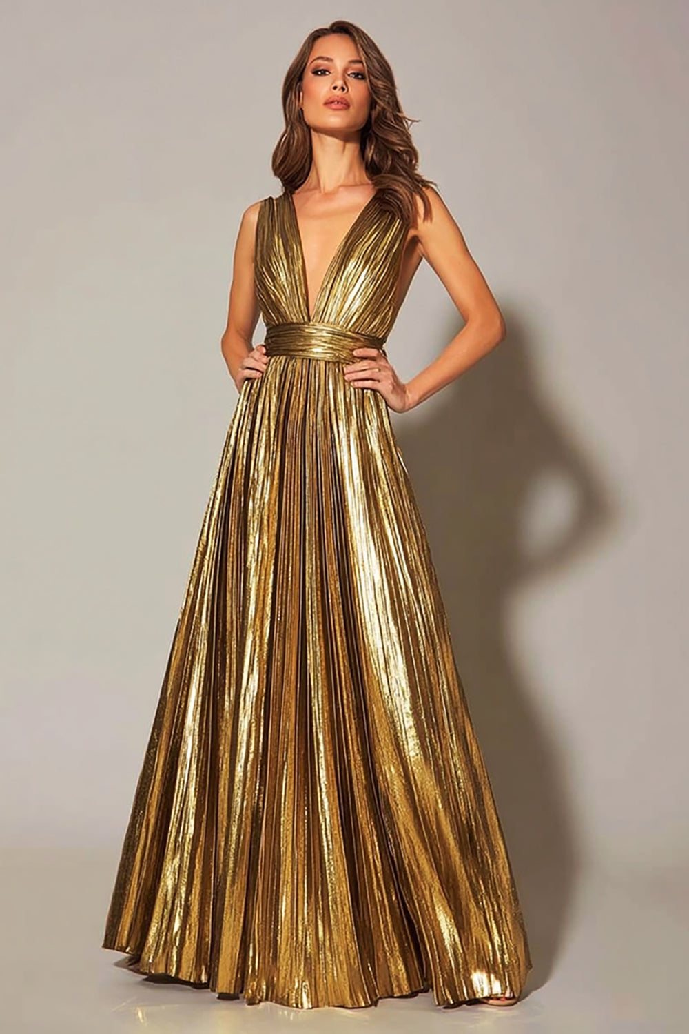 Sparkly Gold Plus Size Metallic A-Line V-Neck Pleated Long Formal Dress