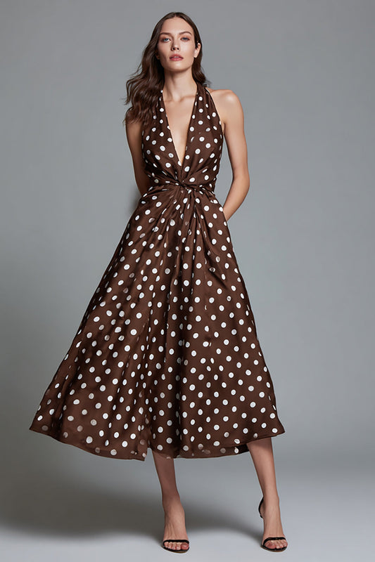Brown Halter A-Line Tea Length Polka Dots Dress