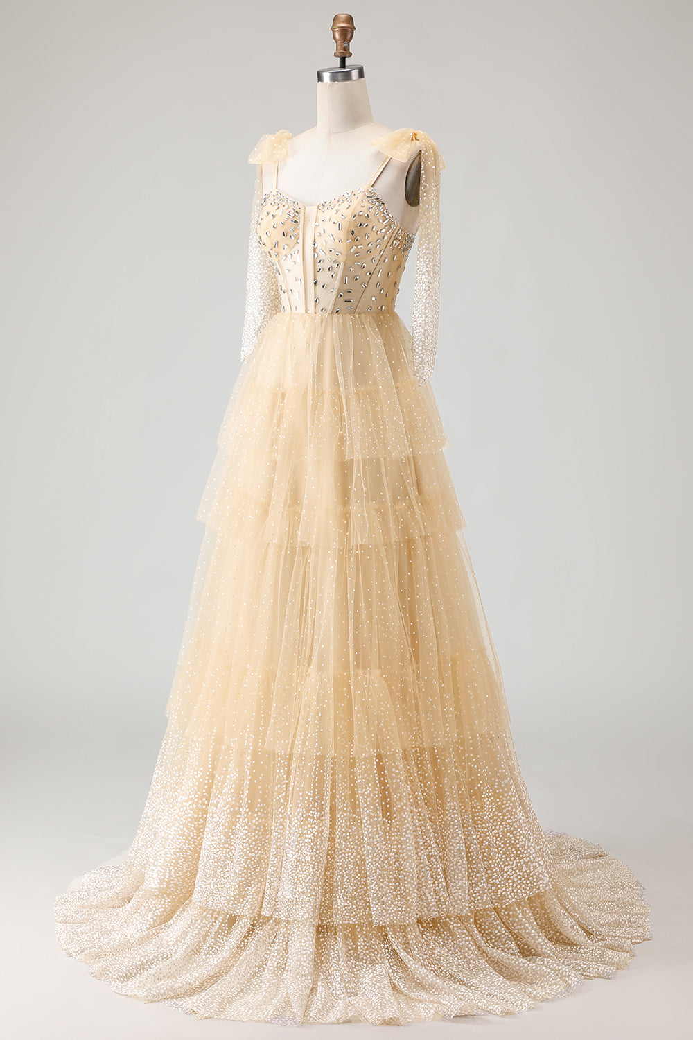 Sparkly Apricot Polka Dots Tiered Beaded Long Corset Prom Dress with Bows