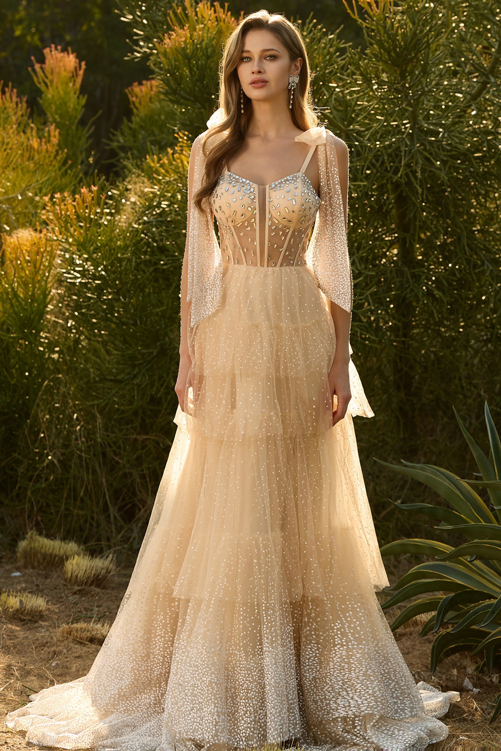 Sparkly Pink Tulle Polka Dots Tiered Long Corset Prom Dress with Beading